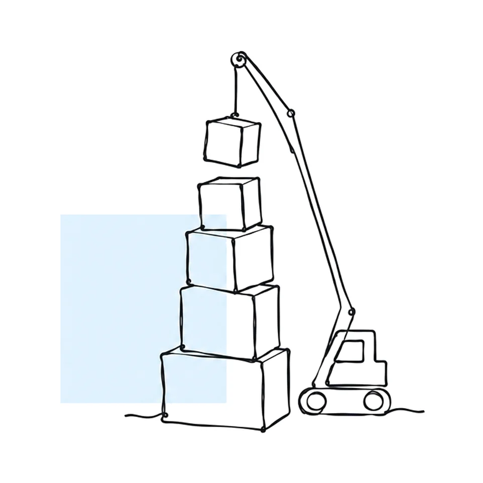 Ink sketch of a small crane stacking toy blocks into a tower